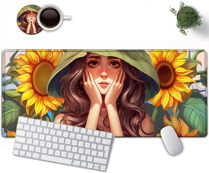 Large Mouse Pad, 31.5 x 11.8in Extended Gaming Mouse Pad with Stitched Edges, XXL Mousepad Protector Non Slip Rubber Base for Office and Home Writing Mat, Anime Sunflower Girl Pattern Desk Mat