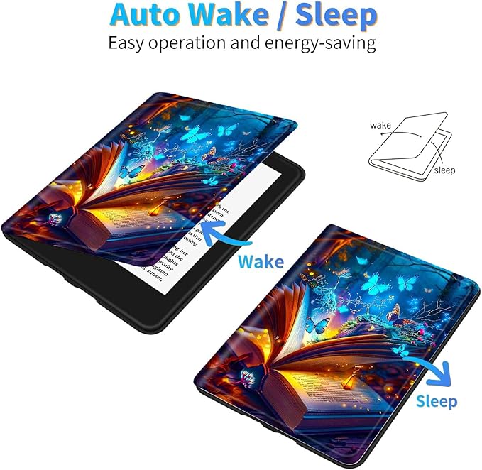 for 6.8" Kindle Paperwhite (11th Generation 2021) and Kindle Paperwhite Signature Edition Case, Slim Kickstand Stand Leather Smart Cover with Auto Wake/Sleep, Book Blue Butterfly