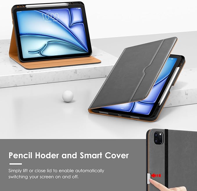 VIKESI Case for iPad Air 13 inch (M4) 2026 / (M3) 2025 / (M2) 2024,Premium Leather Folio,Apple Pencil Holder,Auto Sleep/Wake,Stand Cover - Grey