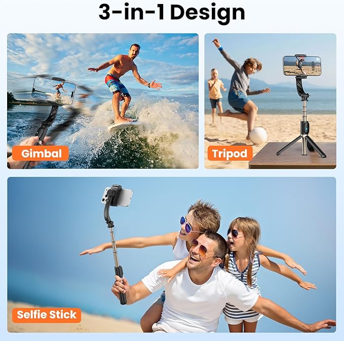 Smartphone Gimbal Stabilizer, 1-Axis Auto Balance & 360° Rotation, Extendable Aluminum Selfie Stick Tripod with Remote Control for iPhone & Android,Travel, Vlogging, TikTok, YouTube