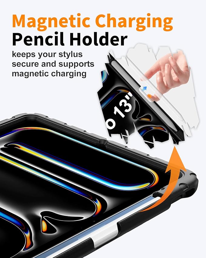 for iPad Air 13 Inch Case (M4 2026 / M3 2025 / M2 2024), Heavy Duty EVA Protective Cover with Magnetic Charging Pencil Holder, 360° Rotating Stand, for Kids, Work & Travel, Black