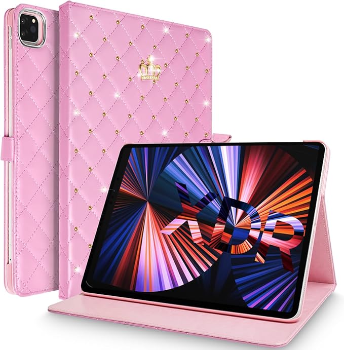 Changjia for iPad Pro 11 inch Case, Cute Crown Bling Diamond PU Leather Smart Auto Sleep/Wake Stand Shockproof Cover for iPad Pro 11 Inch (Pink)
