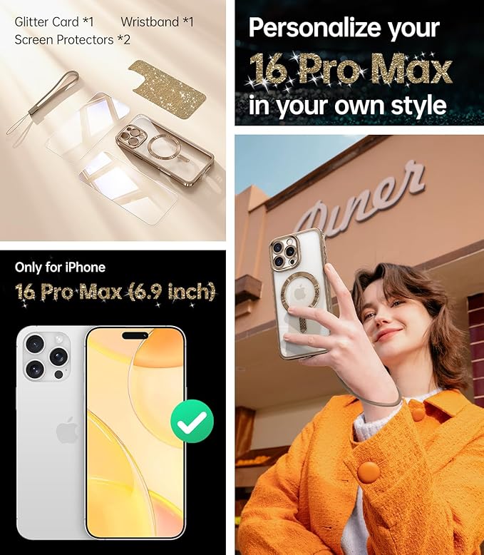 Meifigno Designed for iPhone 16 Pro Max Case 6.9", [Glitter Card & Wrist Strap] [Compatible with MagSafe] [2X Screen Protectors] Surround Lens Protection Designed for 16 ProMax Case, Desert Titanium