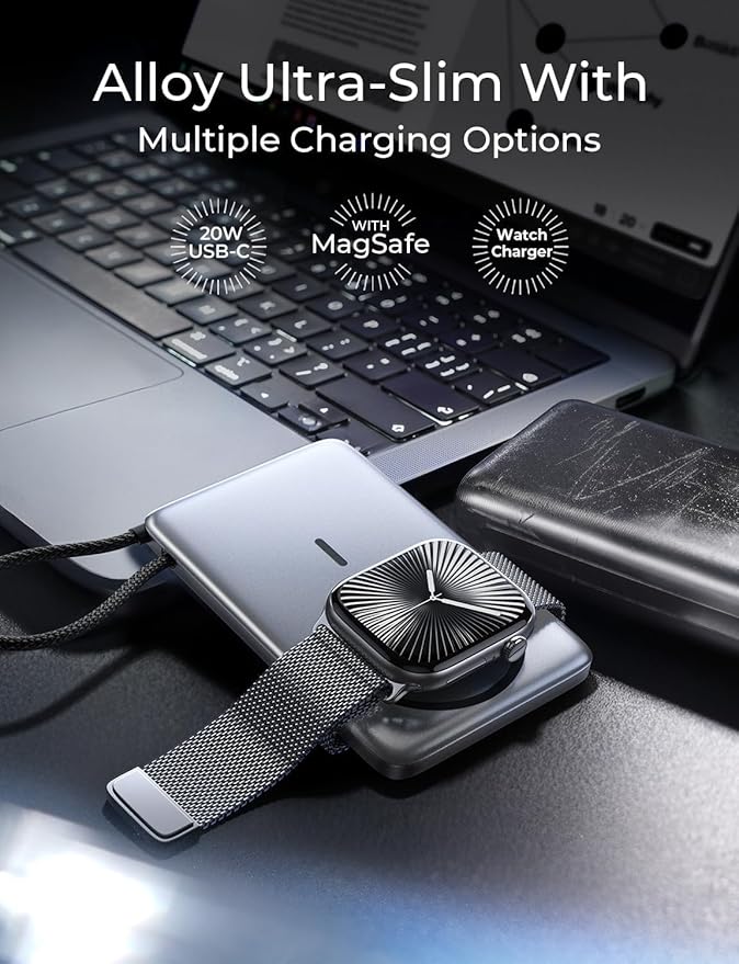LISEN 0.5'' Ultra Slim MagSafe Power Bank for iPhone and Apple Watch,10000mAh MagSafe Battery Pack,Alloy Magnetic Portable Charger for iPhone 16 Pro Max Plus/15, Apple Watch S11 /S10 S9 SE，Black