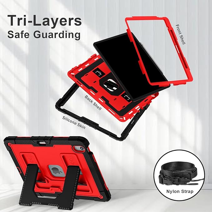 Kids Friendly Case for iPad Air 13 Inch M4 M3 M2 2026/2025/2024 Case with Pencil Holder & Shoulder Strap, Military Grade Shockproof Kickstand Hard Shell Protective Cover,Black+Red