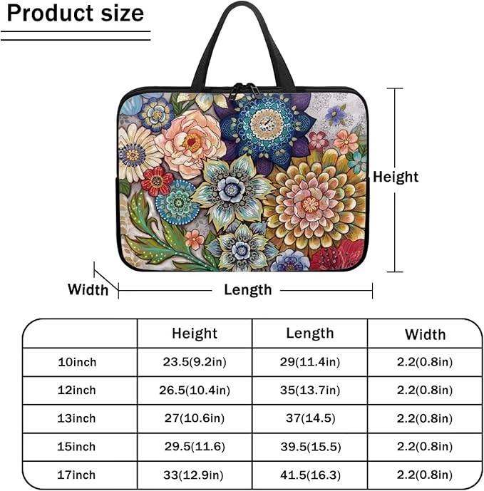 15 Inch Boho Flowers Laptop Sleeve for Women Girl, Slim Water Resistant Computer Carrying Case with Handle, Durable Protective Laptop Tote Bag Cover Compatible with Tablet/Notebook/Reader