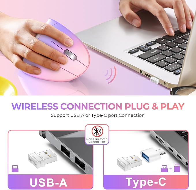 Lekvey Ergonomic Mouse, USB C Wireless Vertical Mouse, Dual Mode Rechargeable USB-A & Type-C Ergo Mouse, 1600 DPI, Relieves Wrist Pain and Carpal Tunnel, for Laptop Computer Mac MacBook, Pink Purple