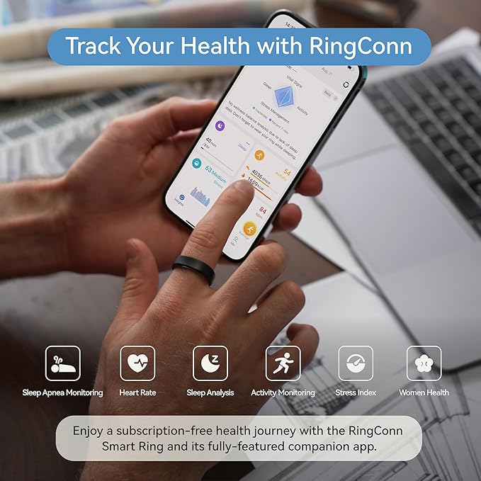 RingConn Gen 2, World’s First Smart Ring with Sleep Apnea Monitoring, No APP Subscription, 12-Day Battery Life, Stress/Heart Rate/Women's Health Tracker, Android & iOS Compatible (Black, Size 8)