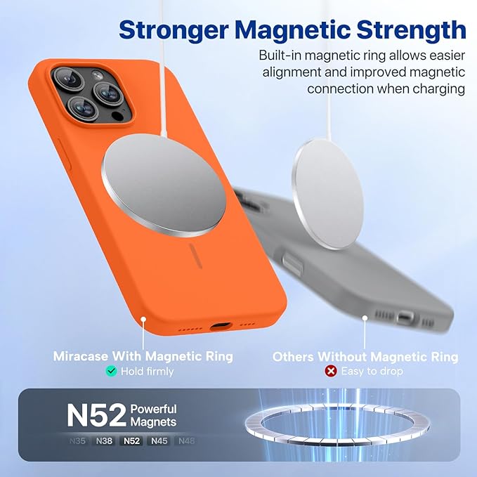 Miracase Magnetic for iPhone 15 Pro Max Case, [Soft Anti-Scratch Microfiber Lining], Compatible with MagSafe, Liquid Silicone Case Shockproof Drop Protection Phone Case for 15 ProMax, Orange