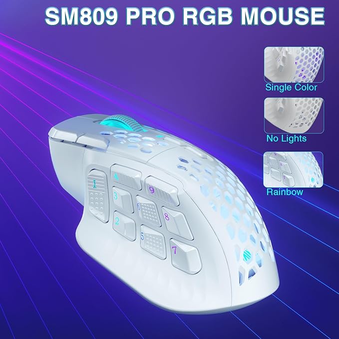 SOLAKAKA SM809 Pro MMO Gaming Mouse with 9 Side Buttons,24000 DPI RGB Mouse for Gamer,16 Programmable Macros MMO Mouse,White