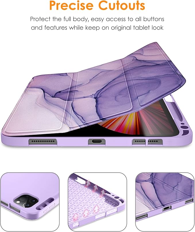 DTTO for iPad Pro 11 inch 4th/3rd/2nd/1st Generation 2022/2021/2020/2018 Case, Smart Slim Trifold Stand Soft TPU Back Cover with Built-in Pencil Holder, Also Fit iPad Air 5/4,Purple Marble