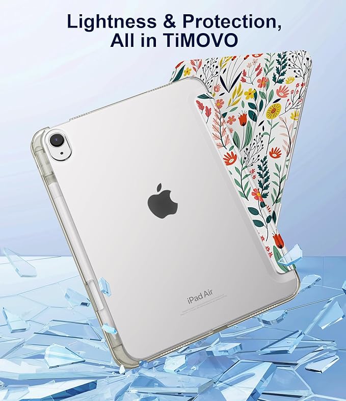 TiMOVO Case for iPad Air 11 Inch M4 2026/M3 2025/M2 2024, iPad Air 5th Generation 2022/4th Gen 2020 10.9 Inch with Pencil Holder, Stand Cover with Translucent Back, Auto Wake/Sleep, Flowers