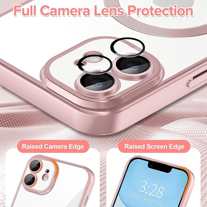 Hython Magnetic Clear for iPhone 11 Case with Camera Lens Protector [Compatible with MagSafe] Luxury Plating Edge Slim Soft TPU Cover Protective Phone Case for iPhone 11 6.1", Matte Pink