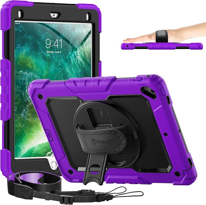 Timecity Compatible with iPad 9.7 Inch (for iPad 6th/5th Generation, iPad Air2, iPad Pro 9.7) Full-Body Silicone+PC Protective Case with Rotating Stand/Strap - Purple
