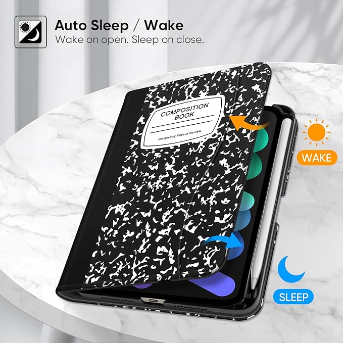 Fintie Folio Case for iPad Mini 7 (A17 Pro, 7th Generation) 2024 / iPad Mini 6 (6th Gen) 8.3 Inch, Multi-Angle Smart Stand Cover with Pencil Holder & Pocket, Auto Sleep/Wake, Composition Book
