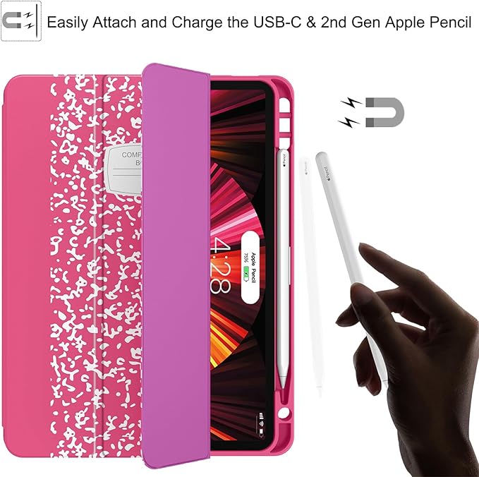 Soke for iPad Pro 11 Case (M2) 2022/2021/2020 with Pencil Holder - [Full Body Protection + Apple Pencil Charging + Auto Wake/Sleep], Soft TPU Back Cover for 2022 iPad Pro 11 inch(Book Hot Pink)