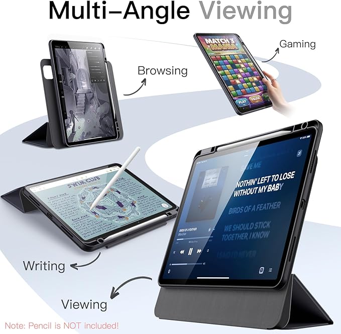 JETech Magnetic Detachable Case for iPad Pro 13-Inch M5/M4 (2025/2024) with Pencil Holder, Removable Rotating Clear Cover, Portrait/Landscape Stand with Raised Screen View (Grey)