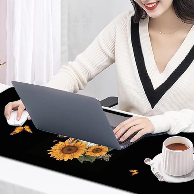Large Mouse Pad, 31.5 x 11.8in Extended Gaming Mouse Pad with Stitched Edges, XXL Mousepad Protector Non Slip Rubber Base for Office and Home Writing Mat, Skulls and Sunflowers Pattern Black Desk Mat