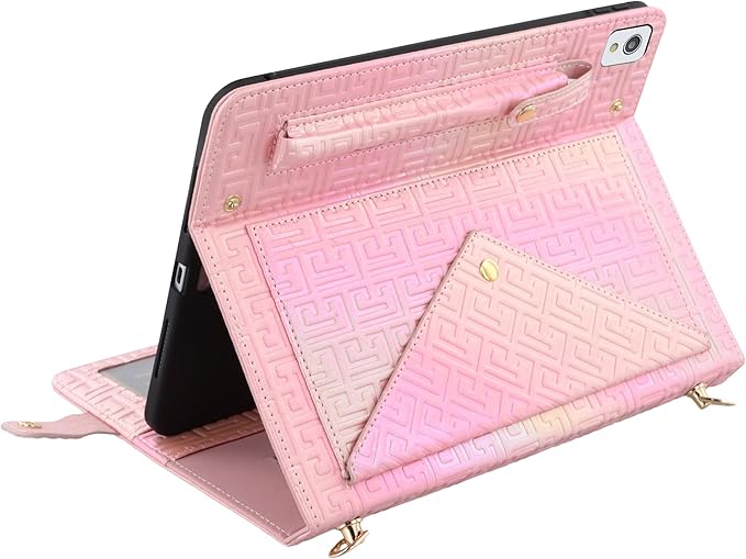 Shiny Case for iPad 6th/5th Gen 9.7 Inch (2018/2017), iPad Pro 9.7"/Air 2, Techcircle Crossbody Iridescent Folio Stand Multi-Pocket Wallet Case with Pencil Holder+Hand/Shoulder Strap, Shiny Pink