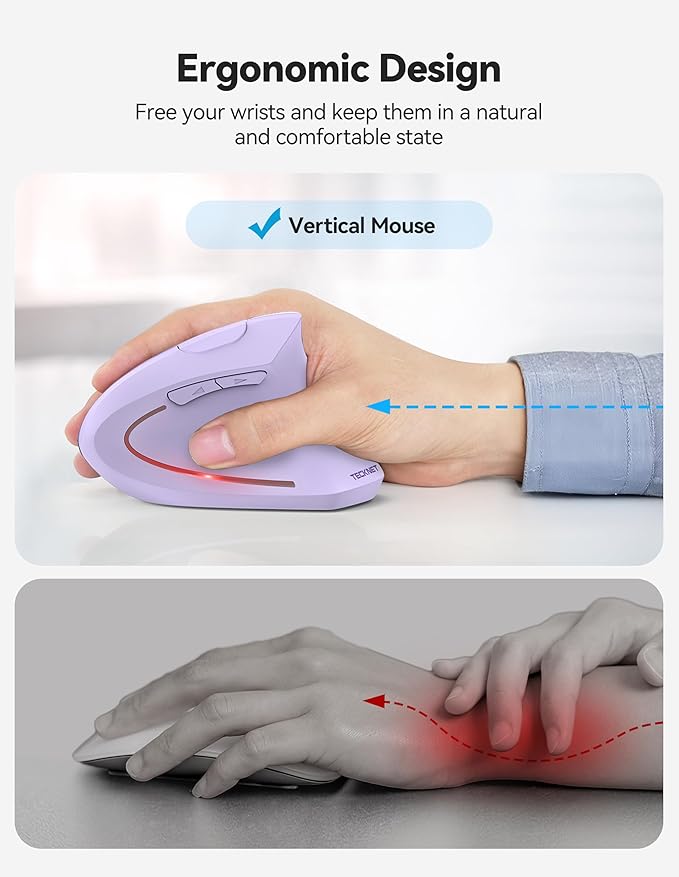 TECKNET Ergonomic Mouse, Rechargeable 2.4G+Bluetooth Vertical Mice 6 DPI Adjustable, Wireless Optical Carpal Tunnel Mouse Right Hand, Multi Device for Laptop, PC, Computer, MacBook - Light Purple