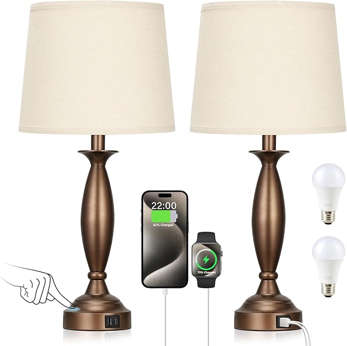 Seealle Beige Brown Lamps for Bedrooms Set of 2 - Touch Control Bedside Lamp with USB C+A, 3 Way Dimmable Nightstand Lamps with USB Port, Table Lamp for Living Room(Beige Shade and Brown Base)