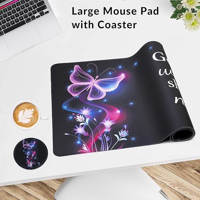 Large Gaming Mouse Pad with Coaster, Desk Matt for Desktop, Desk Pad, Mouse Pads Mat, Stitched Edges Big Extended Mousepad for Computer Keyboard Laptop Office Decor, 31.5'' x15.6''-Purple Butterfly
