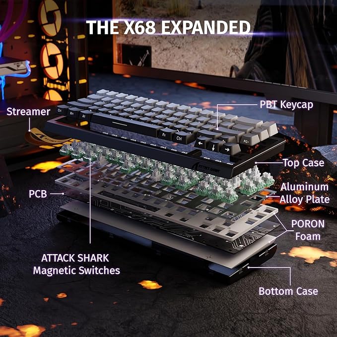 ATTACK SHARK X68 HE Rapid Trigger Mechanical Gaming Keyboard 60% Wired TKL with Adjustable Actuation,Hall Effect Magnetic Switch,8KHz Polling Rate,RGB Backlit,Top Mount,Side Printed Keycap(Moonlight)