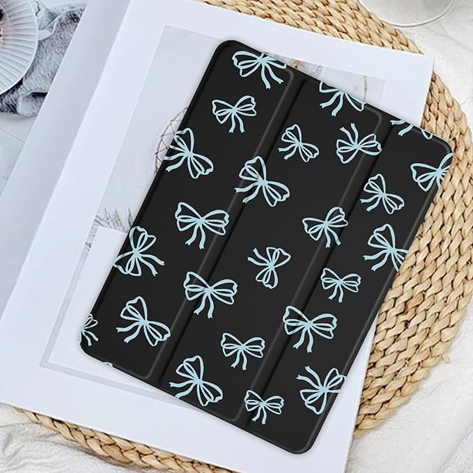 JOYLAND Blue Bow Pattern Case for iPad mini 7th(A17 Pro) 2024 / Mini 6th Generation 8.3" 2021,Clear Transparent Acrylic Hard Back Black Case with Pencil Holder Trifold Stand Tablet Cover