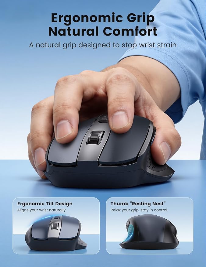 Wireless Mouse for Laptop, 2.4GHz Computer Mouse with USB-A Port &USB-C Adapter, Cordless Office Mice with 6 Buttons & 3 Level DPI for Small to Medium Hands, Work with PC, Desktop, Tablet - M21