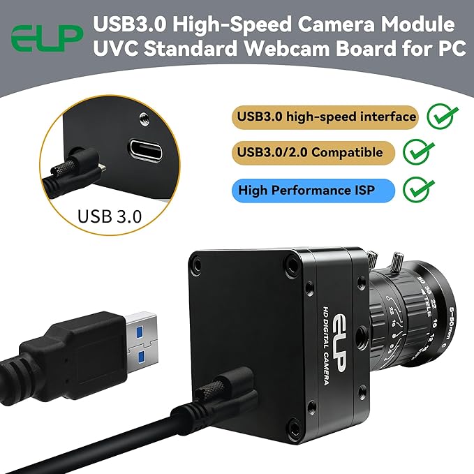 ELP High Speed 4K 60FPS USB Camera Manual Zoom Webcam for Computer, Mini UVC 2160P USB3.0/2.0 Lightburn Cameras for Windows, Linux, Mac, Pi, 5-50mm 10X Varifocal IMX678 Web Cam for Laptop Jetson Nano