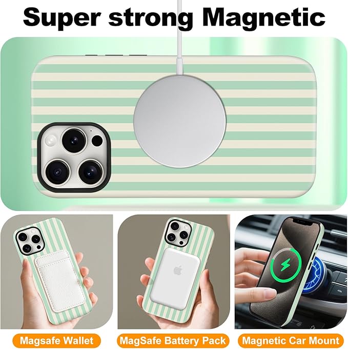Magnetic for iPhone 17 Pro Case Cute Stripes Phone Case, Shockproof Slim TPU and Hard PC Protective Phone Cover Compatible with MagSafe Designed for Women Girls, Light Green