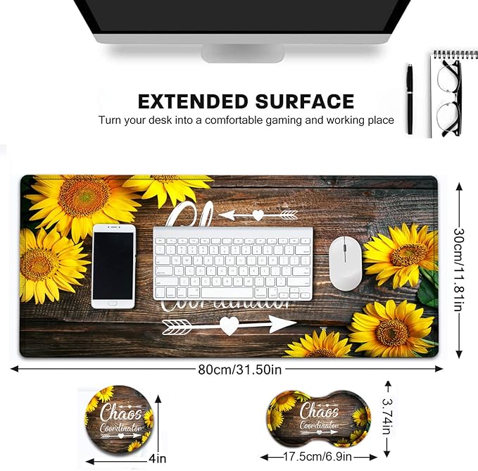 Large Gaming Mouse Pad, 31.5x11.8 in Extended Computer Mouse Mat with Non-Slip PU Base, Ergonomic Memory Foam Keyboard Wrist Rest, for Work & Gaming, Sunflower Chaos Coordinator Office Desk Pad