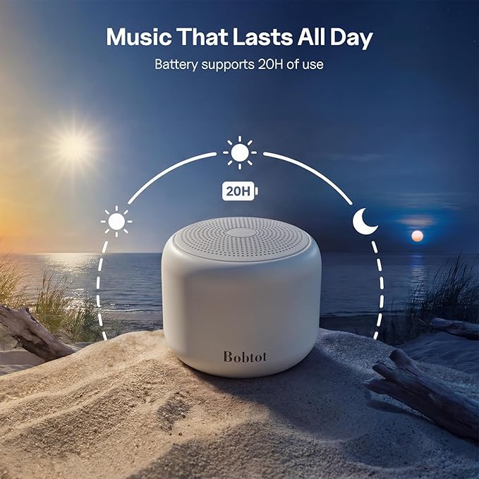 Bobtot Portable Bluetooth Speakers with Strap Easy to Carry, Wireless Waterproof Mini Speaker with Loud Stereo Sound, 20 Hours Playtime, Rechargeable Battery, Built-in Microphone, Light Gray