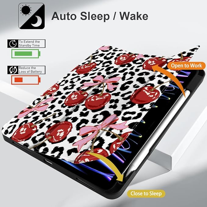 MEEgoodo for iPad Pro 12.9 Case M2 6th/5th/4th/3rd Generation 2022 2021 2020 2018 with Pencil Holder, Tablet Cover with Soft TPU Back Shell, Leopard & Cherry