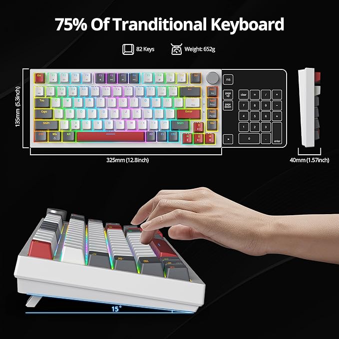 Guffercty kred 75% Percent Mechanical Keyboard with Knob, Gasket Mouted Wired TKL Gaming Keyboard 75 Percent Hot Swappable Programmable for Windows Laptop PC Gamer（82 Grey）