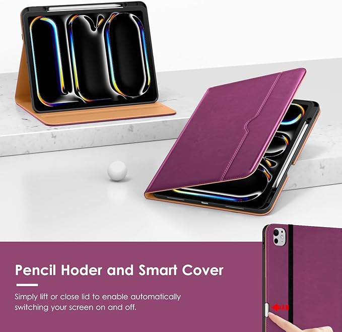 VIKESI Case for iPad Pro 13-inch M5 or M4 Released in 2025 or 2024, Leather Stand Cover with Apple Pencil Holder, Auto Wake/Sleep, Multiple Viewing Angles, Built in Hand Strap & Pocket,Purple