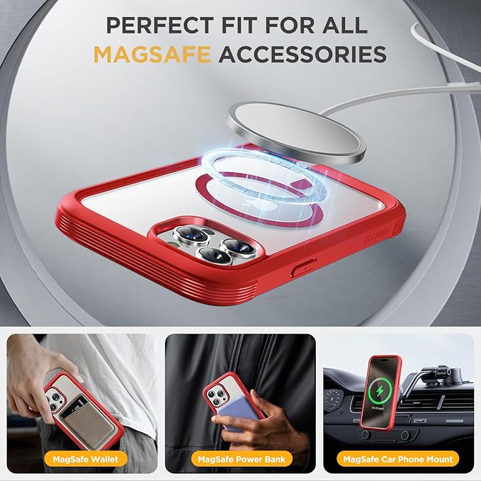 Miracase Magnetic for iPhone 14 Pro Max Case 6.7 inch, (Compatible with MagSafe) Upgrade Full-Body Clear Phone Bumper Case with Built-in 9H Tempered Glass Screen Protector, Magnetic Red