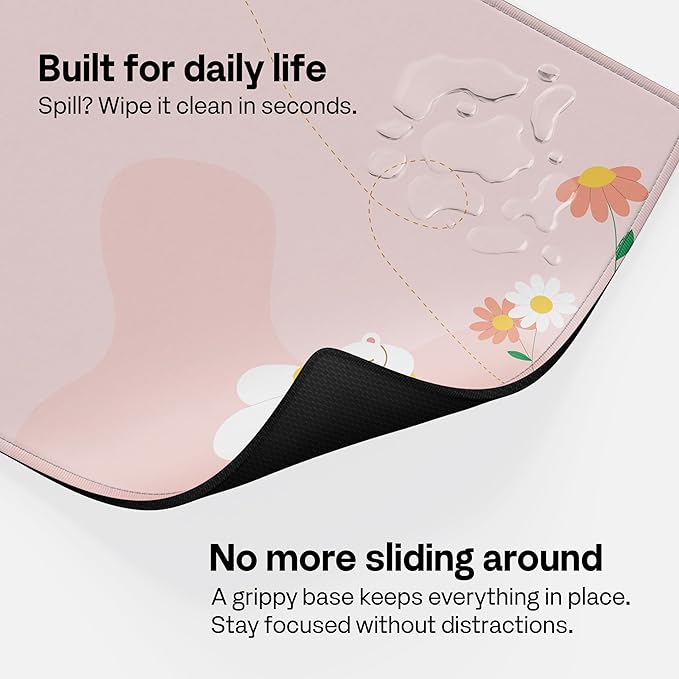 Pixio Mouse Pads - 36 x 16 inch XXL Sleepy Bear Flower Pink Multifunctional Large Desk Mats for Gaming, Office, Desktop Anti-Slip Waterproof Washable Computer Mouse Mat