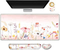 AIMSA Keyboard Mouse Pad Wrist Rest, Extended Gaming Mouse Pad +Wrist Support, Ergonomic Memory Foam,XXL Large Mousepad Easy Typing Pain Relief, 4Pcs (35×15.7 in) Desk Mat, Pink Flowers