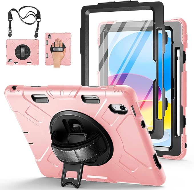 Case for iPad (A16) 11th/10th Generation Case: Protective Cover for iPad 11th Gen 11 Inch 2025 &10th Gen 10.9" 2022 with Screen Protector- Stand- Shoulder Strap- Handle- Pencil Holder-Black+Pink