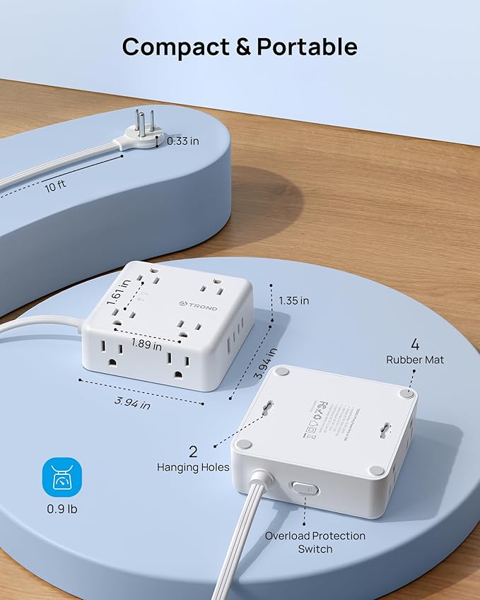 TROND Surge Protector Power Strip, 10FT Flat Plug Extension Cord with 8 Outlets & 4 USB Ports (3 USB C), 1625W, Wall Mount Outlet Extender for Home Office Dorm Room Essentials, White