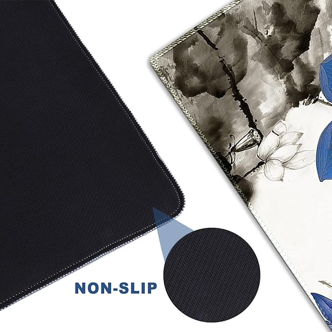 ARTSO Large Gaming Mouse Pad with Stitched Edges, XXL Extended Keyboard Mat Long Mousepad Desk Decor Writing Pad 35.1x15.7 in, Non-Slip Base for Work, Game, Office, Home, Blue Lotus Ink Painting