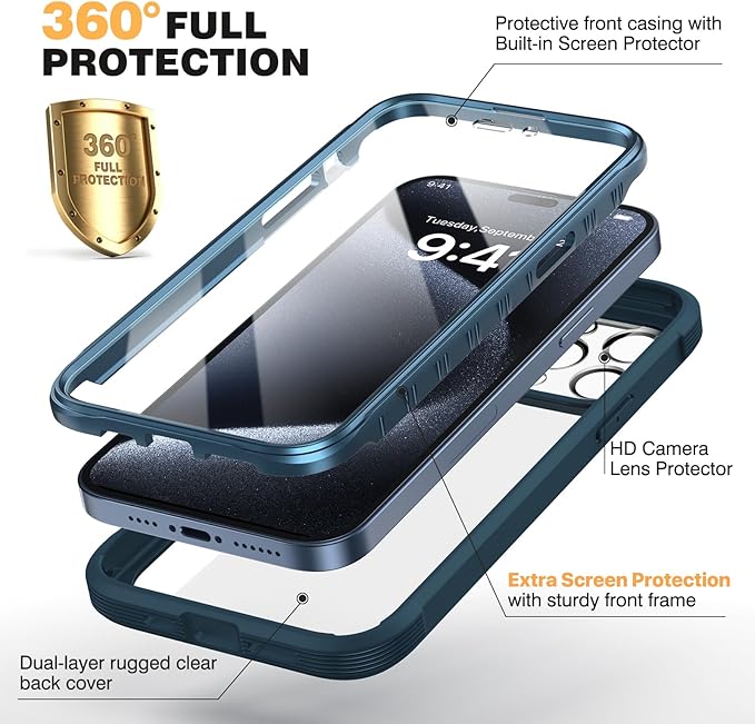 Diaclara Designed for iPhone 15 Pro Case, [Military-Grade Drop Proof] Full-Body Bump Case with Built-in Shockproof Screen Protector, [Camera Lens Protector] Cover for iPhone 15 Pro 6.1"(Deep Blue)