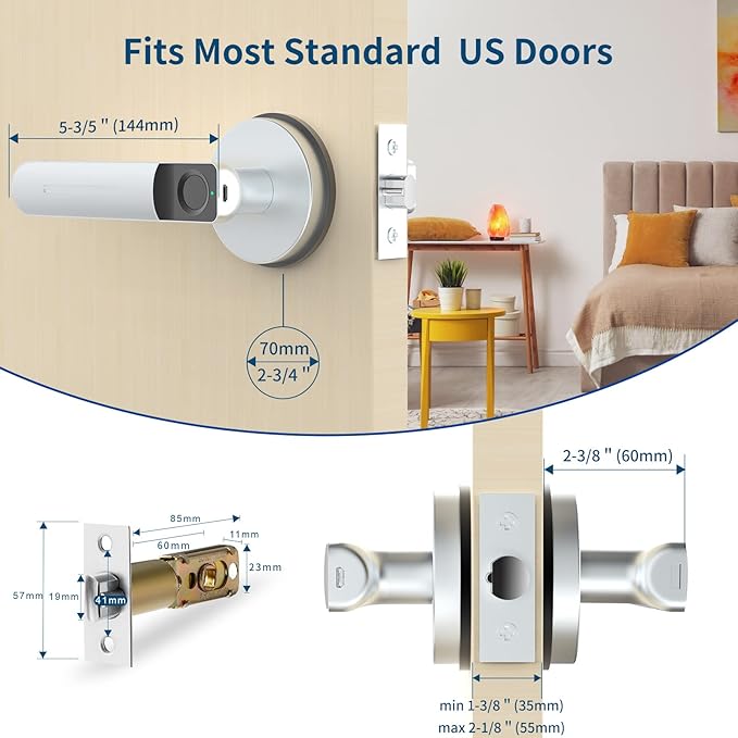 Foxgard Smart Fingerprint Door Lock,Keyless Entry Door knob with Handle,Biometric Door knob,Room Door Lock for Bedroom/Office (Silver)
