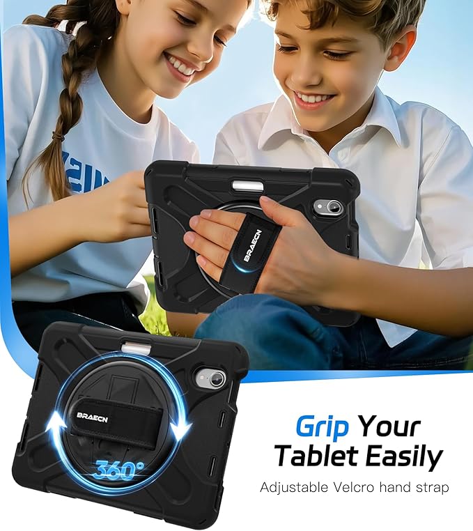 BRAECNstock Case for Apple iPad mini 7 (A17 Pro) 2024/ Mini 6 2021 8.3", Rugged Protective with Screen Protector, Pencil Holder, Rotating Hand Strap & Stand, iPad mini 7th/6th Gen Case Kids, Black