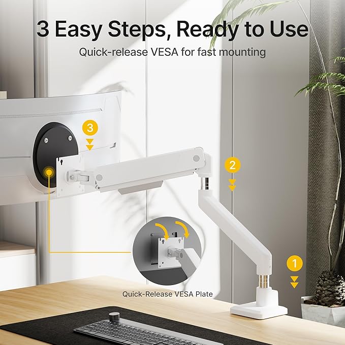 monTEK Single Monitor Arm for Max 45 Inch Ultrawide Screens Adjustable Monitor Desk Mount Holds 35 Lbs Cable Management with C Clamp/Grommet Desk Mount, VESA 75/100mm