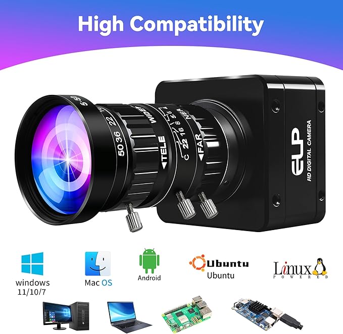 ELP High Speed USB Zoom Camera, 1080P/230fps, 4K/60fps, 12MP/30fps, USB3.0/2.0 Manual Focus Lightburn Cameras for Windows, Linux, Mac, Pi, Fast Frame 5-50mm 10X Zoom IMX577 Webcam for PC Jetson Nano