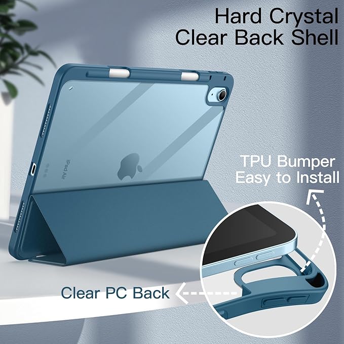 JETech Case ONLY for iPad Air 11-Inch M4/M3/M2 (2026/2025/2024), iPad Air 5/4 (2022/2020 5th/4th) with Pencil Holder, Clear Transparent Back Slim Stand Shockproof Tablet Cover (Blue)