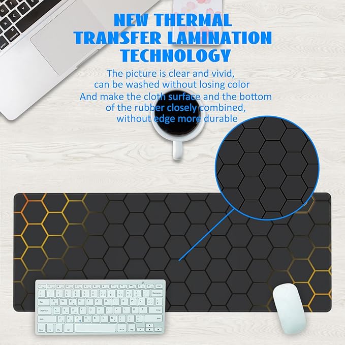 Desk Mat, Black Gold Honeycomb Technology Extended Gaming Mouse Pad Large, 31.5"x11.8" Big Mouse Pad with Non-Slip Base and Stitched Edge, Long Computer Keyboard Mouse Mat for Home Office Work