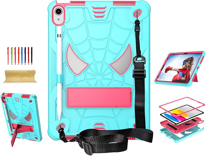 Dteck for iPad Air (3rd Generation) 2019 and iPad Pro (2017 Release) Hard Case 10.5" with Kickstand, Shoulder Strap/Screen Protector Film/Stylus Included, Shockproof Cute Spider Kid's Cover, Mint/Rose